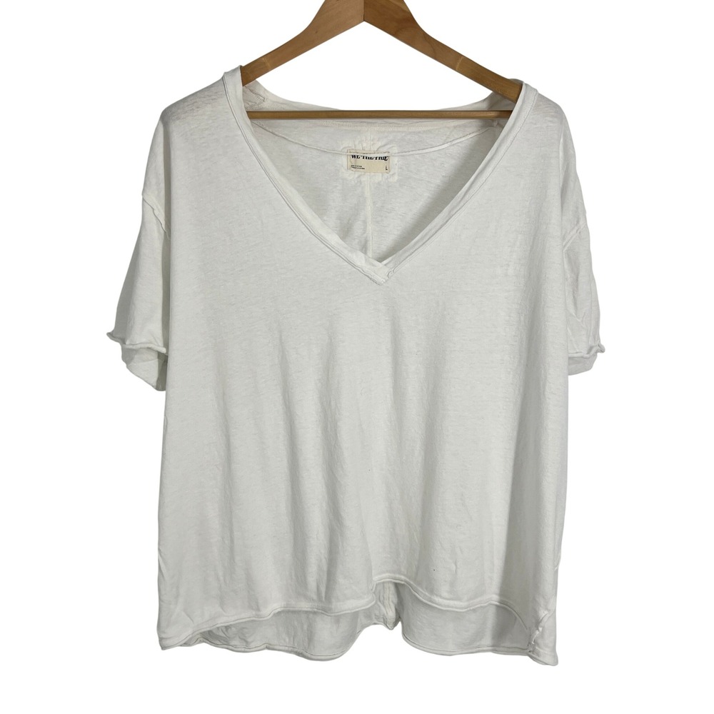 We The Free People White Oversized V-Neck Cotton T-Shirt Size L OB1984242